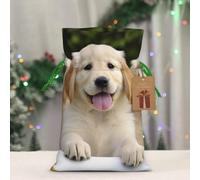 BWLHJKE Golden Retriever Puppies Christmas Gift Bag Burlap Xmas Drawstring Gift Sack with Tag & Tie, Small Christmas Bags for Gifts, Reusable Gift Wrapping Bag for Holiday Party Favors