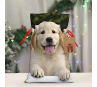 BWLHJKE Golden Retriever Puppies Christmas Gift Bag Burlap Xmas Drawstring Gift Sack with Tag & Tie, Small Christmas Bags for Gifts, Reusable Gift Wrapping Bag for Holiday Party Favors