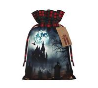 BWLHJKE Gothic Happy Halloween Christmas Gift Bag Burlap Xmas Drawstring Gift Sack with Tag & Tie, Buffalo Plaid Christmas Bags for Gifts, Reusable Gift Wrapping Bag Holiday Party Favors