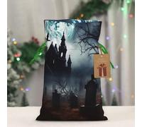 BWLHJKE Gothic Happy Halloween Christmas Gift Bag Burlap Xmas Drawstring Gift Sack with Tag & Tie, Small Christmas Bags for Gifts, Reusable Gift Wrapping Bag for Holiday Party Favors