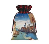 BWLHJKE Grand canal in Italy Christmas Gift Bag Burlap Xmas Drawstring Gift Sack with Tag & Tie, Buffalo Plaid Christmas Bags for Gifts, Reusable Gift Wrapping Bag Holiday Party Favors
