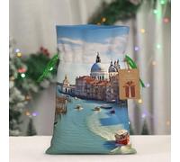 BWLHJKE Grand canal in Italy Christmas Gift Bag Burlap Xmas Drawstring Gift Sack with Tag & Tie, Small Christmas Bags for Gifts, Reusable Gift Wrapping Bag for Holiday Party Favors