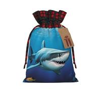 BWLHJKE Great White Fish Christmas Gift Bag Burlap Xmas Drawstring Gift Sack with Tag & Tie, Buffalo Plaid Christmas Bags for Gifts, Reusable Gift Wrapping Bag Holiday Party Favors