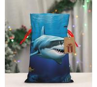 BWLHJKE Great White Fish Christmas Gift Bag Burlap Xmas Drawstring Gift Sack with Tag & Tie, Medium Christmas Bags for Gifts, Reusable Gift Wrapping Bag for Holiday Party Favors