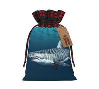 BWLHJKE Great white shark Christmas Gift Bag Burlap Xmas Drawstring Gift Sack with Tag & Tie, Buffalo Plaid Christmas Bags for Gifts, Reusable Gift Wrapping Bag Holiday Party Favors