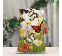 BWLHJKE Group of Butterflies Christmas Gift Bag Burlap Xmas Drawstring Gift Sack with Tag & Tie, Medium Christmas Bags for Gifts, Reusable Gift Wrapping Bag for Holiday Party Favors