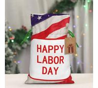BWLHJKE Happy Labor Day Christmas Gift Bag Burlap Xmas Drawstring Gift Sack with Tag & Tie, Medium Christmas Bags for Gifts, Reusable Gift Wrapping Bag for Holiday Party Favors
