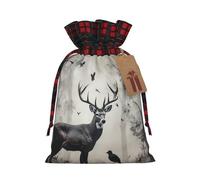 BWLHJKE Hunting Silhouette of Deer Christmas Gift Bag Burlap Xmas Drawstring Gift Sack with Tag & Tie, Buffalo Plaid Christmas Bags for Gifts, Reusable Gift Wrapping Bag Holiday Party Favors