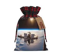 BWLHJKE International Space Station Picture Christmas Gift Bag Burlap Xmas Drawstring Gift Sack with Tag & Tie, Buffalo Plaid Christmas Bags for Gifts, Reusable Gift Wrapping Bag Holiday Party Favors