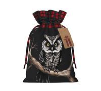 BWLHJKE Late Night Owl Christmas Gift Bag Burlap Xmas Drawstring Gift Sack with Tag & Tie, Buffalo Plaid Christmas Bags for Gifts, Reusable Gift Wrapping Bag Holiday Party Favors