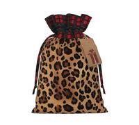 BWLHJKE Leopard Print Christmas Gift Bag Burlap Xmas Drawstring Gift Sack with Tag & Tie, Buffalo Plaid Christmas Bags for Gifts, Reusable Gift Wrapping Bag Holiday Party Favors