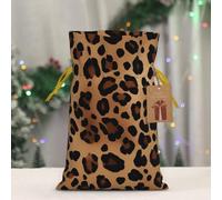 BWLHJKE Leopard Print Christmas Gift Bag Burlap Xmas Drawstring Gift Sack with Tag & Tie, Small Christmas Bags for Gifts, Reusable Gift Wrapping Bag for Holiday Party Favors