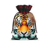 BWLHJKE Little Fat Tiger Head Christmas Gift Bag Burlap Xmas Drawstring Gift Sack with Tag & Tie, Buffalo Plaid Christmas Bags for Gifts, Reusable Gift Wrapping Bag Holiday Party Favors