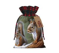 BWLHJKE Little Squirrel Christmas Gift Bag Burlap Xmas Drawstring Gift Sack with Tag & Tie, Buffalo Plaid Christmas Bags for Gifts, Reusable Gift Wrapping Bag Holiday Party Favors