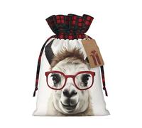 BWLHJKE Llama with Glasses Christmas Gift Bag Burlap Xmas Drawstring Gift Sack with Tag & Tie, Buffalo Plaid Christmas Bags for Gifts, Reusable Gift Wrapping Bag Holiday Party Favors