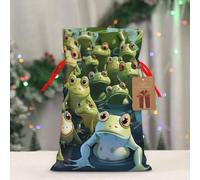 BWLHJKE lots of frogs Christmas Gift Bag Burlap Xmas Drawstring Gift Sack with Tag & Tie, Medium Christmas Bags for Gifts, Reusable Gift Wrapping Bag for Holiday Party Favors