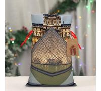 BWLHJKE Louvre Museum in Paris Christmas Gift Bag Burlap Xmas Drawstring Gift Sack with Tag & Tie, Medium Christmas Bags for Gifts, Reusable Gift Wrapping Bag for Holiday Party Favors