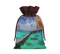 BWLHJKE Maldives Scenery Christmas Gift Bag Burlap Xmas Drawstring Gift Sack with Tag & Tie, Buffalo Plaid Christmas Bags for Gifts, Reusable Gift Wrapping Bag Holiday Party Favors