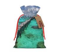 BWLHJKE Maldives Scenery Christmas Gift Bag Burlap Xmas Drawstring Gift Sack with Tag & Tie, Small Christmas Bags for Gifts, Reusable Gift Wrapping Bag for Holiday Party Favors