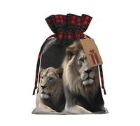 BWLHJKE Male and Female Lions Christmas Gift Bag Burlap Xmas Drawstring Gift Sack with Tag & Tie, Buffalo Plaid Christmas Bags for Gifts, Reusable Gift Wrapping Bag Holiday Party Favors
