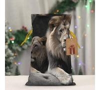 BWLHJKE Male and Female Lions Christmas Gift Bag Burlap Xmas Drawstring Gift Sack with Tag & Tie, Small Christmas Bags for Gifts, Reusable Gift Wrapping Bag for Holiday Party Favors