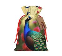 BWLHJKE Peacock flowers Christmas Gift Bag Burlap Xmas Drawstring Gift Sack with Tag & Tie, Medium Christmas Bags for Gifts, Reusable Gift Wrapping Bag for Holiday Party Favors