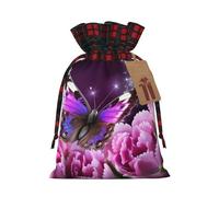 BWLHJKE Purple flower butterfly Christmas Gift Bag Burlap Xmas Drawstring Gift Sack with Tag & Tie, Buffalo Plaid Christmas Bags for Gifts, Reusable Gift Wrapping Bag Holiday Party Favors