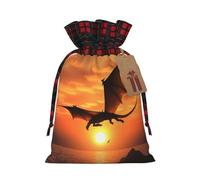 BWLHJKE Sea Sunset Flying Dragon Christmas Gift Bag Burlap Xmas Drawstring Gift Sack with Tag & Tie, Buffalo Plaid Christmas Bags for Gifts, Reusable Gift Wrapping Bag Holiday Party Favors