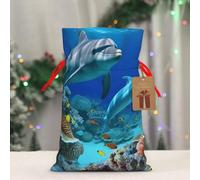 BWLHJKE Seabed Coral Fish Dolphins Christmas Gift Bag Burlap Xmas Drawstring Gift Sack with Tag & Tie, Small Christmas Bags for Gifts, Reusable Gift Wrapping Bag for Holiday Party Favors