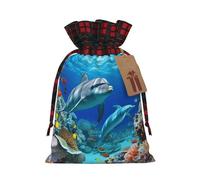 BWLHJKE Seabed Coral Fish Dolphins Christmas Gift Bag Burlap Xmas Drawstring Gift Sack with Tag & Tie, Buffalo Plaid Christmas Bags for Gifts, Reusable Gift Wrapping Bag Holiday Party Favors