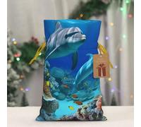 BWLHJKE Seabed Coral Fish Dolphins Christmas Gift Bag Burlap Xmas Drawstring Gift Sack with Tag & Tie, Medium Christmas Bags for Gifts, Reusable Gift Wrapping Bag for Holiday Party Favors