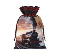 BWLHJKE Steam Train Depart Sunset Christmas Gift Bag Burlap Xmas Drawstring Gift Sack with Tag & Tie, Buffalo Plaid Christmas Bags for Gifts, Reusable Gift Wrapping Bag Holiday Party Favors