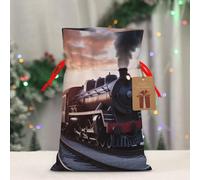 BWLHJKE Steam Train Depart Sunset Christmas Gift Bag Burlap Xmas Drawstring Gift Sack with Tag & Tie, Medium Christmas Bags for Gifts, Reusable Gift Wrapping Bag for Holiday Party Favors