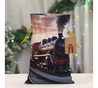 BWLHJKE Steam Train Depart Sunset Christmas Gift Bag Burlap Xmas Drawstring Gift Sack with Tag & Tie, Small Christmas Bags for Gifts, Reusable Gift Wrapping Bag for Holiday Party Favors