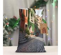BWLHJKE Street of Italy Christmas Gift Bag Burlap Xmas Drawstring Gift Sack with Tag & Tie, Medium Christmas Bags for Gifts, Reusable Gift Wrapping Bag for Holiday Party Favors