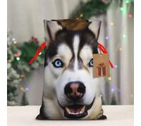 BWLHJKE Stupid Husky Dog Christmas Gift Bag Burlap Xmas Drawstring Gift Sack with Tag & Tie, Medium Christmas Bags for Gifts, Reusable Gift Wrapping Bag for Holiday Party Favors