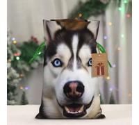 BWLHJKE Stupid Husky Dog Christmas Gift Bag Burlap Xmas Drawstring Gift Sack with Tag & Tie, Small Christmas Bags for Gifts, Reusable Gift Wrapping Bag for Holiday Party Favors