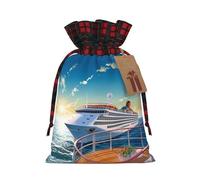 BWLHJKE Summer Sea Cruise Christmas Gift Bag Burlap Xmas Drawstring Gift Sack with Tag & Tie, Buffalo Plaid Christmas Bags for Gifts, Reusable Gift Wrapping Bag Holiday Party Favors