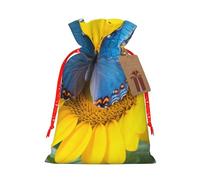 BWLHJKE Sunflower Blue Butterfly Christmas Gift Bag Burlap Xmas Drawstring Gift Sack with Tag & Tie, Medium Christmas Bags for Gifts, Reusable Gift Wrapping Bag for Holiday Party Favors