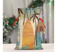 BWLHJKE Surfboard Palm Tree Christmas Gift Bag Burlap Xmas Drawstring Gift Sack with Tag & Tie, Small Christmas Bags for Gifts, Reusable Gift Wrapping Bag for Holiday Party Favors