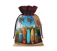 BWLHJKE Surf's up Surfboard Christmas Gift Bag Burlap Xmas Drawstring Gift Sack with Tag & Tie, Buffalo Plaid Christmas Bags for Gifts, Reusable Gift Wrapping Bag Holiday Party Favors