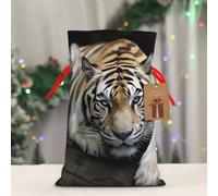 BWLHJKE Tiger Lie On Rock Christmas Gift Bag Burlap Drawstring Christmas Gift Bag with Tag and Tie, Medium Christmas Bags for Gifts, Reusable Bag for Party Favors