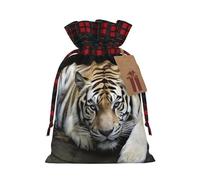 BWLHJKE Tiger Lie On Rock Christmas Gift Bag Burlap Xmas Drawstring Gift Sack with Tag & Tie, Buffalo Plaid Christmas Bags for Gifts, Reusable Gift Wrapping Bag Holiday Party Favors