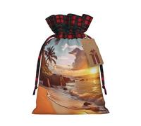 BWLHJKE Tropical Beach at Sunset Christmas Gift Bag Burlap Xmas Drawstring Gift Sack with Tag & Tie, Buffalo Plaid Christmas Bags for Gifts, Reusable Gift Wrapping Bag Holiday Party Favors