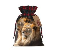 BWLHJKE Two Lions Christmas Gift Bag Burlap Xmas Drawstring Gift Sack with Tag & Tie, Buffalo Plaid Christmas Bags for Gifts, Reusable Gift Wrapping Bag Holiday Party Favors