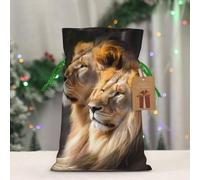 BWLHJKE Two Lions Christmas Gift Bag Burlap Xmas Drawstring Gift Sack with Tag & Tie, Medium Christmas Bags for Gifts, Reusable Gift Wrapping Bag for Holiday Party Favors