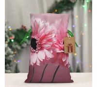 BWLHJKE Two pink floral Christmas Gift Bag Burlap Xmas Drawstring Gift Sack with Tag & Tie, Small Christmas Bags for Gifts, Reusable Gift Wrapping Bag for Holiday Party Favors