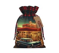 BWLHJKE Vintage Eatery Dinner Christmas Gift Bag Burlap Xmas Drawstring Gift Sack with Tag & Tie, Buffalo Plaid Christmas Bags for Gifts, Reusable Gift Wrapping Bag Holiday Party Favors