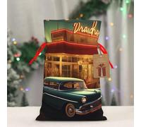 BWLHJKE Vintage Eatery Dinner Christmas Gift Bag Burlap Xmas Drawstring Gift Sack with Tag & Tie, Medium Christmas Bags for Gifts, Reusable Gift Wrapping Bag for Holiday Party Favors