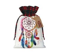 BWLHJKE Watercolor Dream Catcher Christmas Gift Bag Burlap Xmas Drawstring Gift Sack with Tag & Tie, Buffalo Plaid Christmas Bags for Gifts, Reusable Gift Wrapping Bag Holiday Party Favors